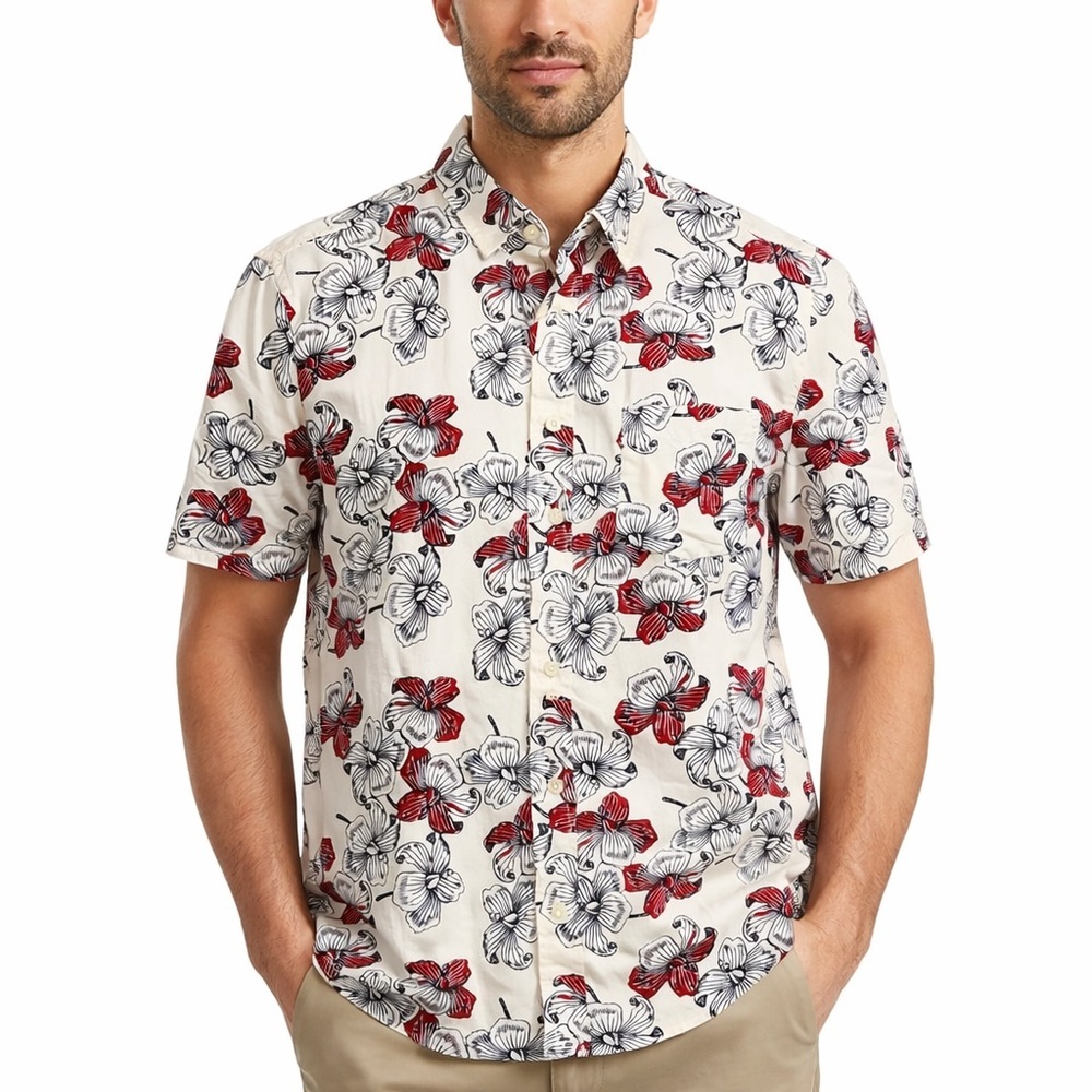 Floral Short Sleeve Button-Up Shirt Cream Red Black Hawaiian Casual Summer